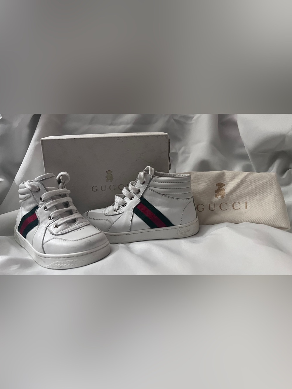 Gucci Kids White Leather High Top Sneakers Web Stripe Size 26 Box